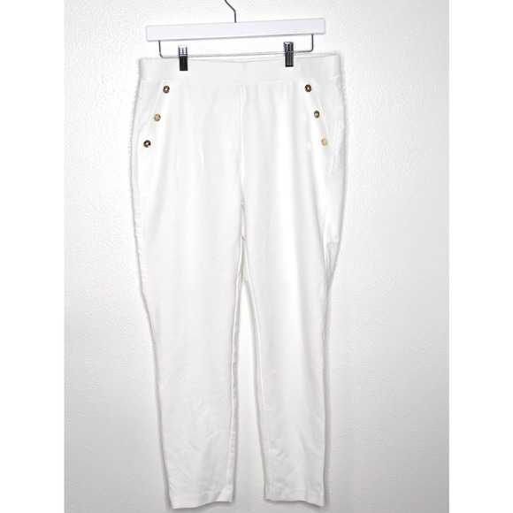 Michael Kors Women White Pants MK Button Flare High Rise Size Large - Picture 1 of 8